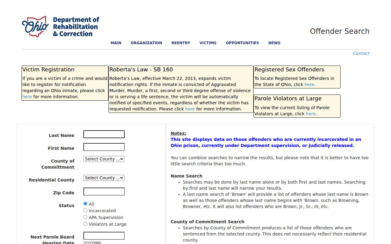 Washington Township resident lookup context at the Ohio DRC offender search