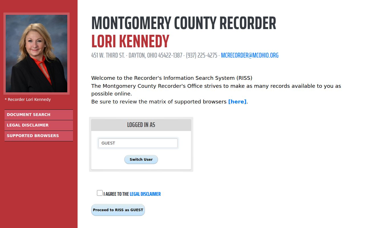 Washington Township street directory Recorder RISS deed index entry screen