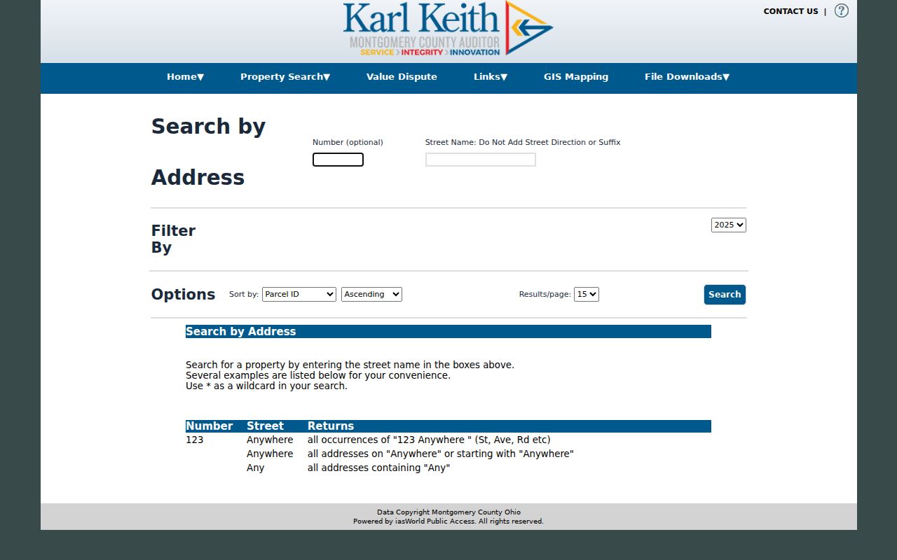 Washington Township street directory Auditor address search screen