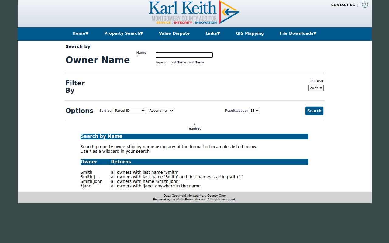 Washington Township street directory Auditor owner search screen