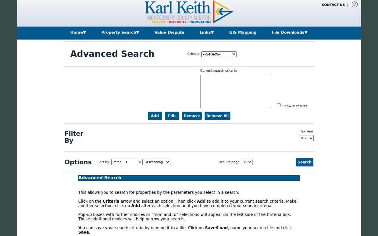 Washington Township ZIP code directory Auditor advanced property search screen