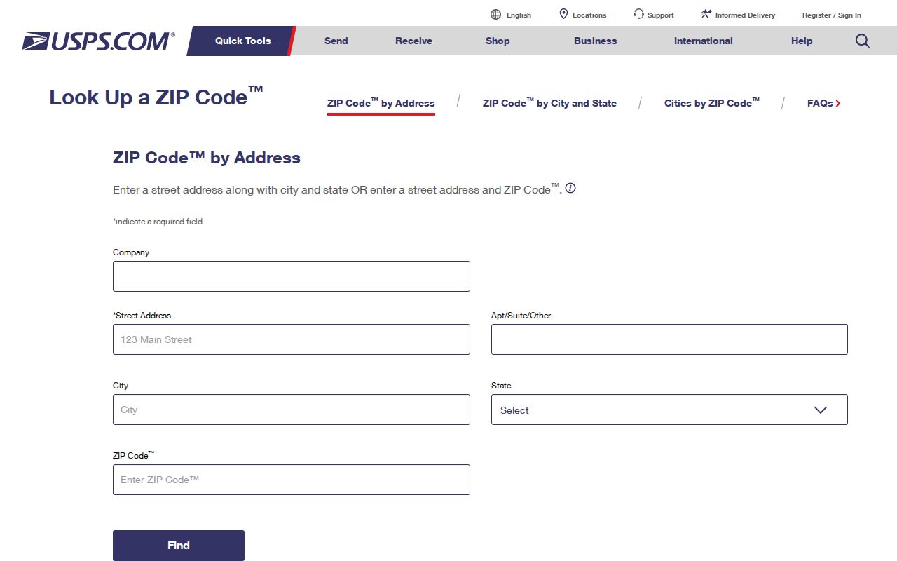 Washington Township ZIP code directory USPS address lookup screen